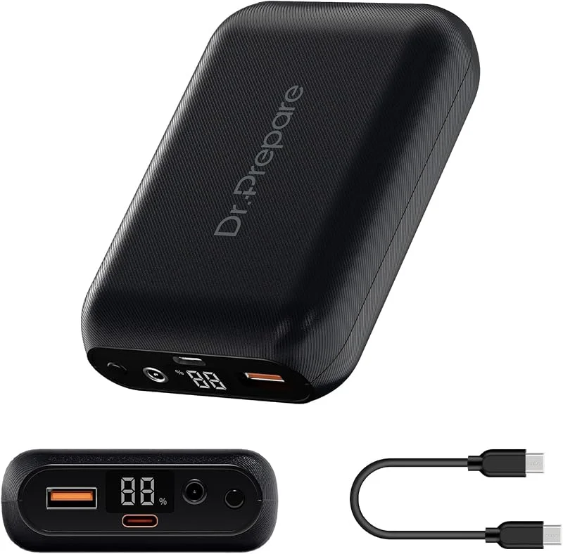Dr.Prepare Batteria riscaldata da 16000 mAh 7, 4 V con porte DC, USB, Type-C, 5 V, 9 V, 12 V per abbigliamento riscaldato, giacca, telefoni, tablet, ventilatore da scrivania con display a LED