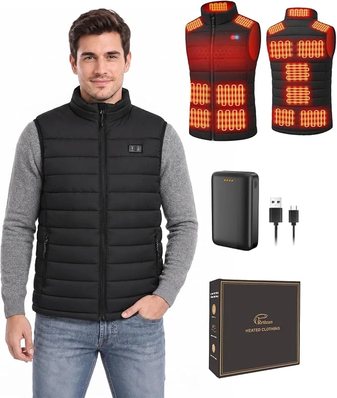 Rrtizan Gilet riscaldato da uomo 899 Premium con potente Power Bank ad alta capacità da 7, 4 V, 16000 mAh, doppio controllo, 15 zone, intelligente, leggero — Abbigliamento riscaldato