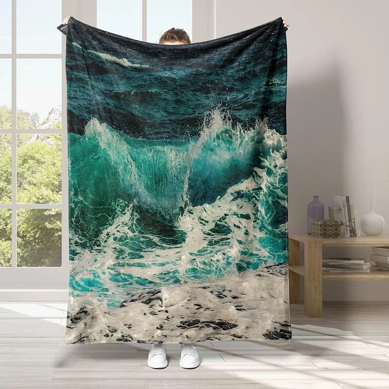 Onde Coperta di Flanella 220x240cm, Oceano Blanket Morbido Caldo e Confortevole, Modello di Copert con Stampa 3D, Adatto a Tutte le Stagioni — Riscaldamento