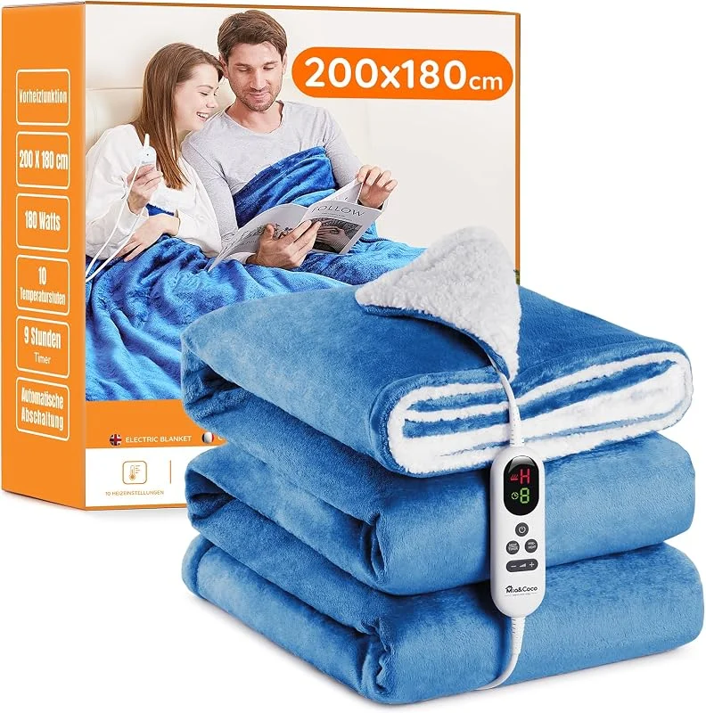 Mia&Coco Coperta Elettrica Termica Riscaldata, Lavabile in Lavatrice, con Telecomando Digitale, Flanella Sherpa 180x200 cm, 10 livelli e 1~9 ore di spegnimento automatico, lavabile in lavatrice, Blu — Riscaldamento