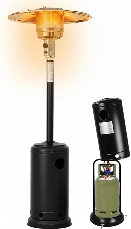 Fungo Riscaldante a Gas 14000 W Max 13kW Stufa Per Esterno Terrazzo Giardino Piscina Bar Locali Accensione Piezoelettrica 2 Modalità Potenza Con Ruote e Vano Bombola Da 15Kg 81 x 46 x 221 Cm Nero — Riscaldamento