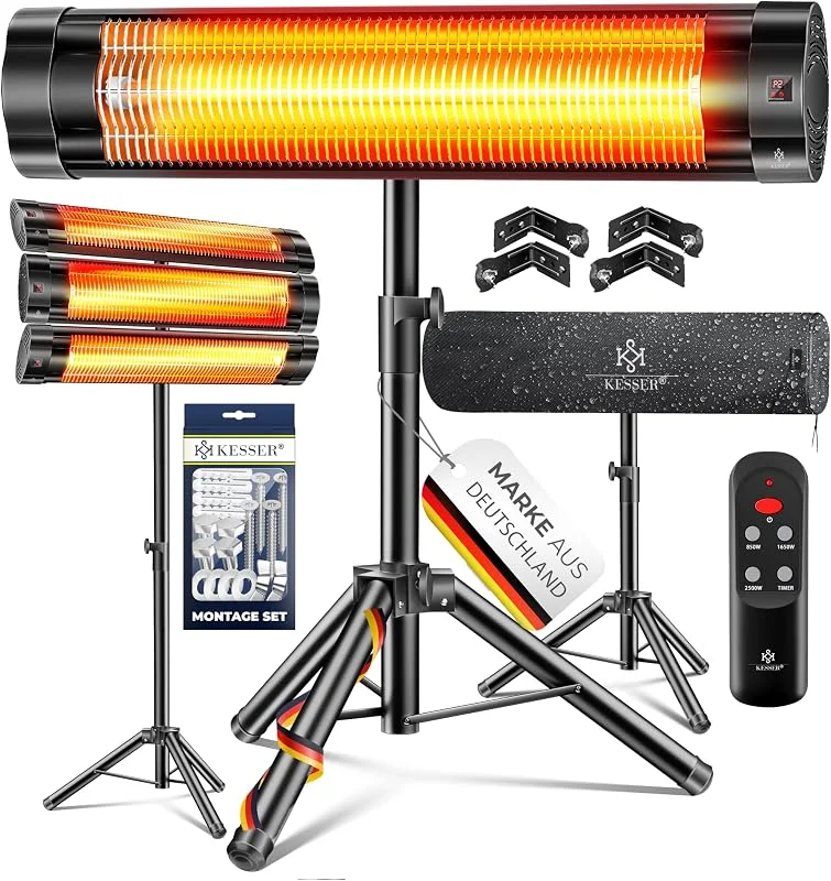 Kesser® Radiatore a infrarossi, riscaldatore per terrazza 2500W con telecomando, inclusa protezione e supporto telescopico regolabile in altezza, ideale per seggiolone e terrazza, raggi infrarossi — Riscaldamento