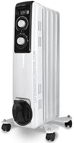 Riscaldatore ad olio con 5 elementi riscaldanti ad alta inerzia termica. Potenza massima di 1000 W. 5 elementi riscaldanti ad alta inerzia termica. 2 potenze di riscaldamento: 500 W - 1000 W