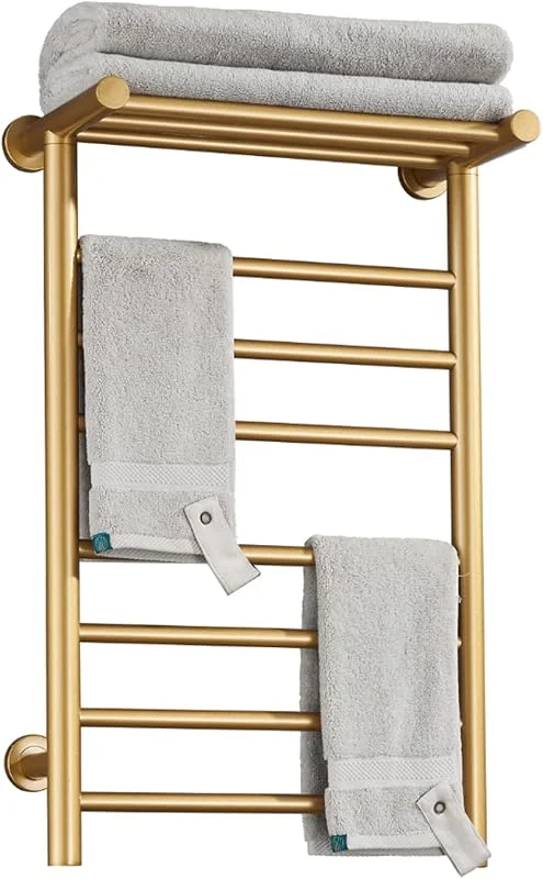 Generico Scaldasalviette Elettrico Dorato, Moderno scaldasalviette a Parete a 7 Barre con ripiano Superiore, scaldasalviette Elettrico in Acciaio Inox per Bagno 70 W, Oro, Spina — Riscaldamento