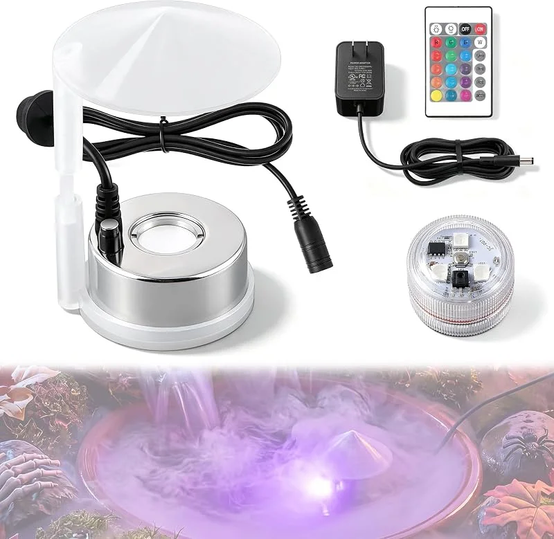 1 confezione di nebulizzatore a ultrasuoni per Halloween, luce LED RGB regolabile, nebulizzatore in acciaio inox, paraspruzzi rimovibile, mini macchina per nebbia per laghetti, fontane — Umidificatore