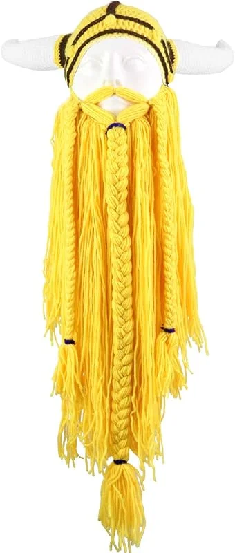 YEKEYI - Cappello invernale caldo a forma di elmo di vichingo con corna e barba, lavorato a maglia, in lana, divertente — Abbigliamento riscaldato