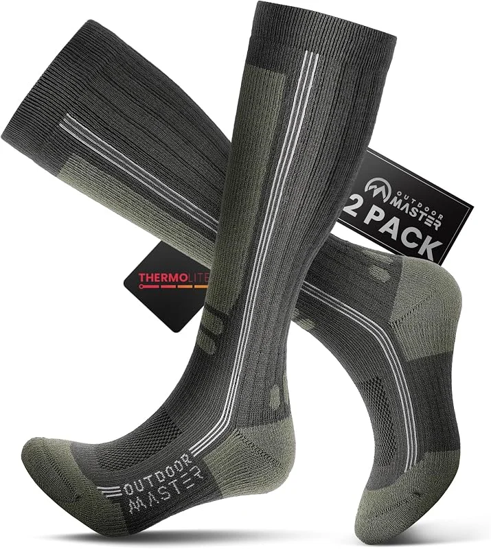OutdoorMaster Calze da sci in lana Merino Thermolite, Calze da snowboard termiche a compressione per uomo e donna, Freddo — Abbigliamento riscaldato