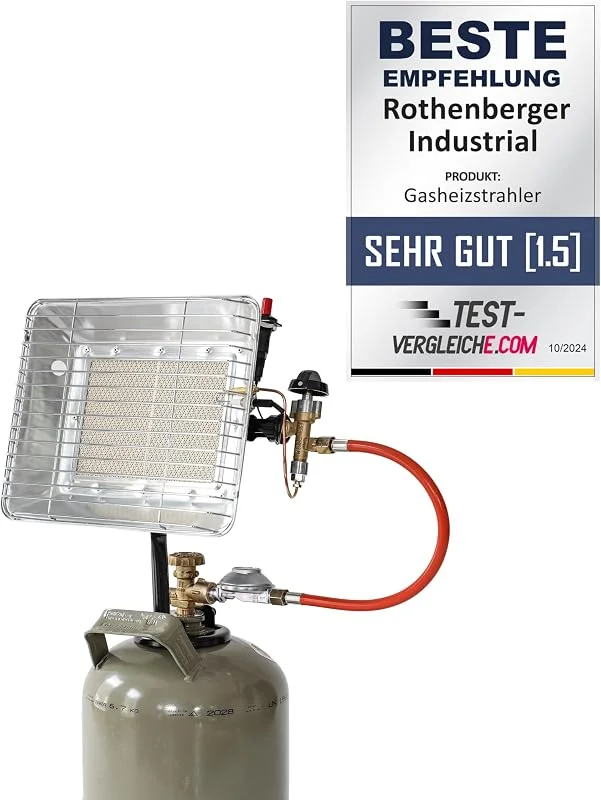 ROTHENBERGER Heiz – Strahler inkl. Piezo Zündung, Schlauch & Regler, Gasheizstrahler, Aufsatzheizstrahler, betrieben mit Propan - Gas Für 5 Kg oder 11 Kg Flaschen, 35985 — Riscaldamento