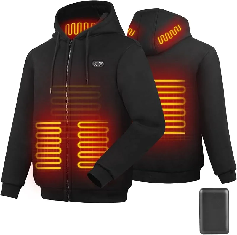 Felpa con Cappuccio Riscaldata Giacca con Cappuccio Riscaldante con e in Pile per Uomo e Donna - Giacca Termica Intelligente 6 Zone, 3 Livelli di Calore - Batteria 7.4V 16000mAh per Outdoor, Campeggio — Abbigliamento riscaldato