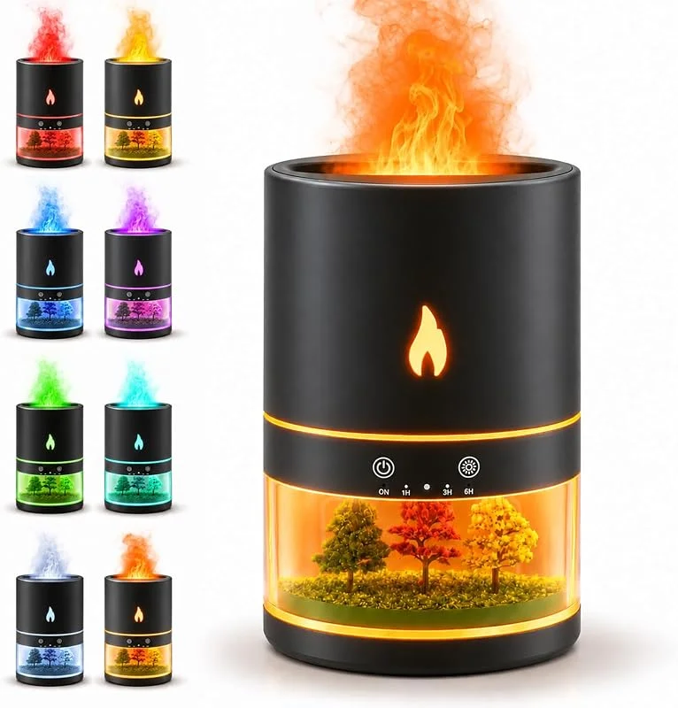 Diffusore di oli essenziali con Colorato Fiamma, 7 Colori LED & Telecomando — Umidificatore
