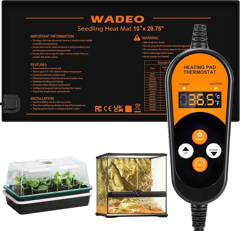WADEO Tappetino Riscaldante per Piante, 52x25cm 50W, Termostato 5-45°C — Riscaldamento