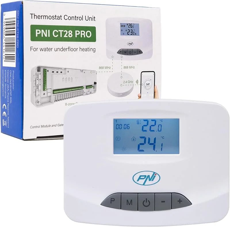 PNI CT28 PRO Unità termostato wireless, per riscaldamento a pavimento, compatibile con elettrovalvola CT28M, modulo CT28WIFI Hub per controllo dall'applicazione Tuya Smart, ABS, bianco