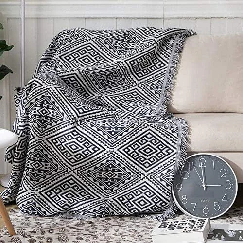 Coperta Per Letto, Coperta Della Boemia, Motivo Geometrico In Bianco E Nero Nappe Jacquard Plaid Per Divani, Fodera Per Sedia Multifunzione Decorativa Per Divano Letto Sedia Morbida, White-03, 180x340CM — Riscaldamento