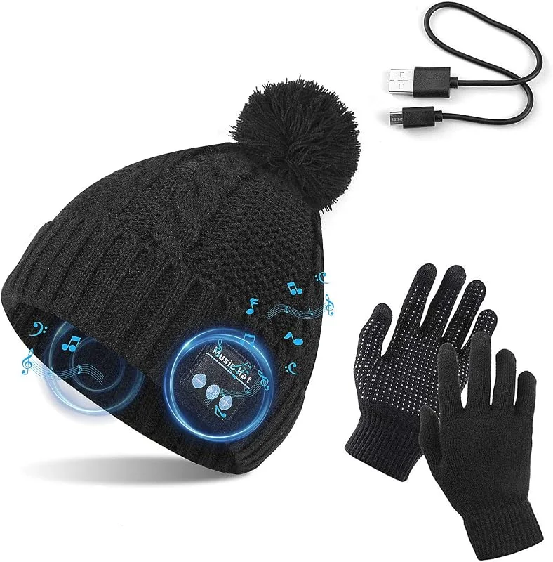 TAGVO Bluetooth V5.0 Beanie con Guanti Touchscreen Set, Inverno Caldo Lavorato a Maglia Senza Fili Bluetooth Cuffia Musica Cappello per Corsa Sci Escursionismo, Regalo di Natale — Abbigliamento riscaldato