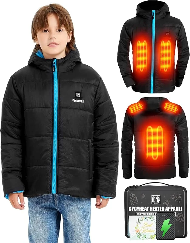 CYCYHEAT Giacca riscaldata per bambini, per ragazzi e ragazze, con cappuccio, riscaldata, con batteria — Abbigliamento riscaldato