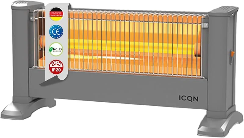 ICQN Riscaldatore a raggi infrarossi, per ambienti fino a 10 m², 900 W, IP20, riscaldamento elettrico, cavo da 135 centimetri, riscaldatore per ufficio o casa, riscaldamento a infrarossi (argento)