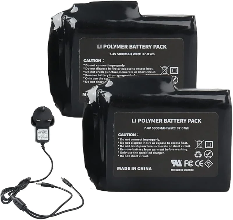 2 batterie ricaricabili ai polimeri di litio da 7, 4 V, 5000 mAh, 37 Wh, con caricabatterie per guanti riscaldati, calzini riscaldati, cappelli riscaldati, passamontagna riscaldati, solette — Abbigliamento riscaldato