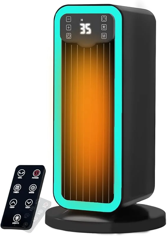 Stufetta Elettrica Basso Consumo, Termoventilatore, Riscaldatore Elettrico Ceramica PTC 1500W con Termostato, Telecomando, Oscillante 70°, Timer 12H, Riscaldamento per Camera da Letto