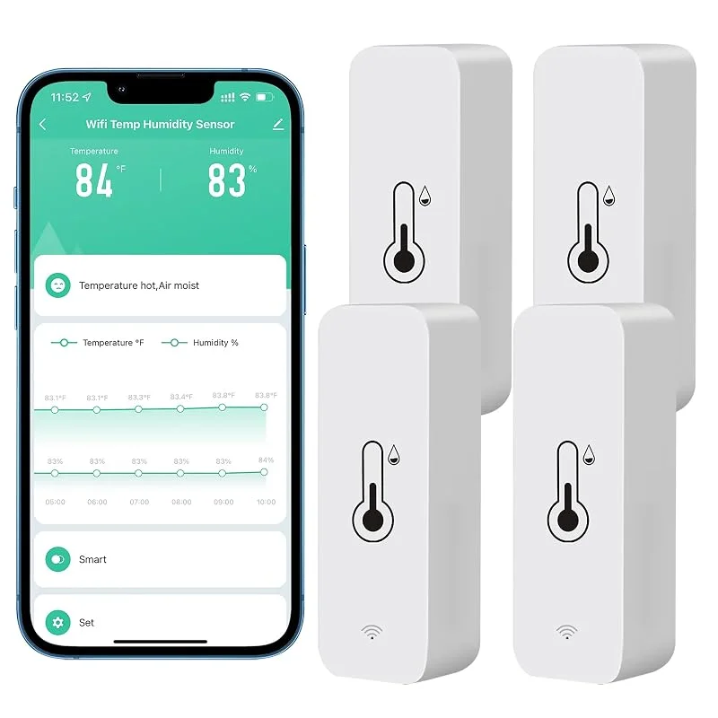 Sensore termometro con igrometro e WiFi, sensore di temperatura e umidità per interni ed esterni con notifica tramite app Tuya (confezione da 4 pezzo) — Umidificatore
