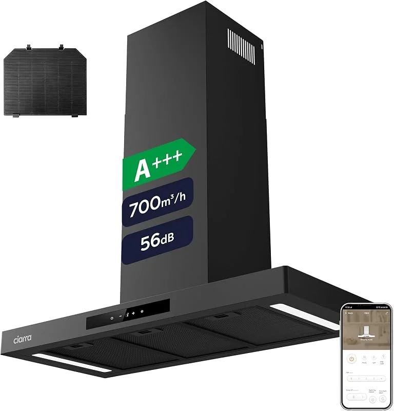 CIARRA CBCB9102-P A+++ Cappa Aspirante 90 cm Nero - 700 m³, h, 61dB — Riscaldamento