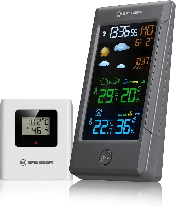 Bresser Stazione meteo radio con sensore esterno ClimateTemp NBF, orologio radio DCF, termometro igrometro interno ed esterno, previsioni meteo e display a colori, digitale — Umidificatore