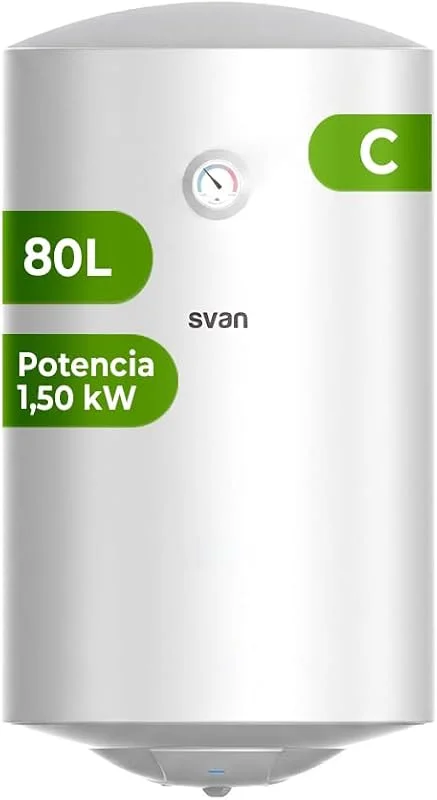 Svan ST8002 - Scaldabagno elettrico da 80 litri, 1500 W, kit di montaggio incluso, resistenza in acciaio smaltato, termostato manuale, temperatura massima 75 °C, bianco, efficienza energetica classe C — Riscaldamento