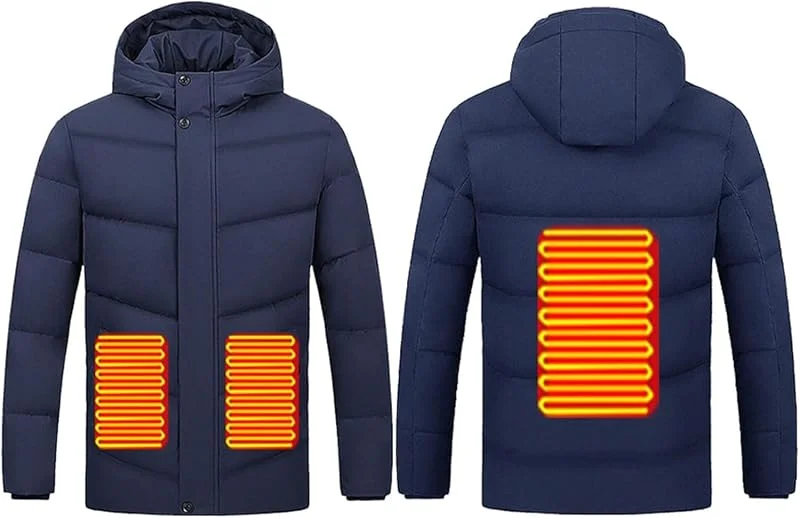 Giacca riscaldante da Uomo con Cappuccio, 90% Piumino D'Anatra, Caldo Cappotto Antivento, Invernale, Senza Batteria(Bleu, 3XL(87.5-95kg)) — Abbigliamento riscaldato
