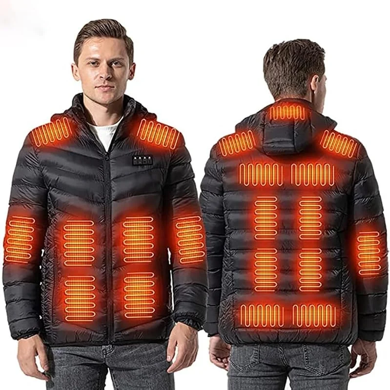 Cappotto con cappuccio riscaldato a 19 zone di riscaldamento, piumino riscaldato for uomo e donna, 3 livelli di riscaldamento, giacche calde con ricarica USB 4 interruttori — Abbigliamento riscaldato