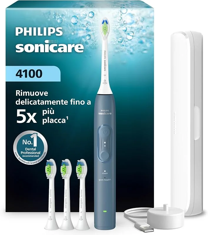 Philips Sonicare Serie 4100 - Spazzolino elettrico sonico con sensore di pressione, 4 impostazioni, EasyStart, SmarTimer, autonomia 21 giorni, custodia, blu marino, HX4046, 48, [Nuovo] — Igiene orale