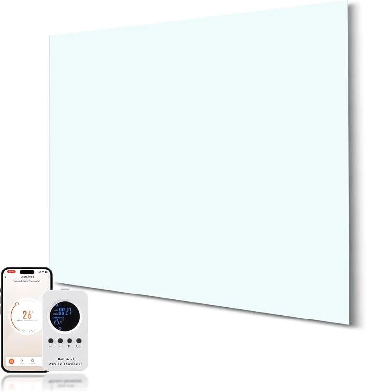 Riscaldamento a infrarossi in vetro 300 W – Riscaldamento a infrarossi a parete fino a 120 gradi Celsius per 5-15 ㎡ – Riscaldamento elettrico intelligente con telecomando e WiFi (Tuya APP