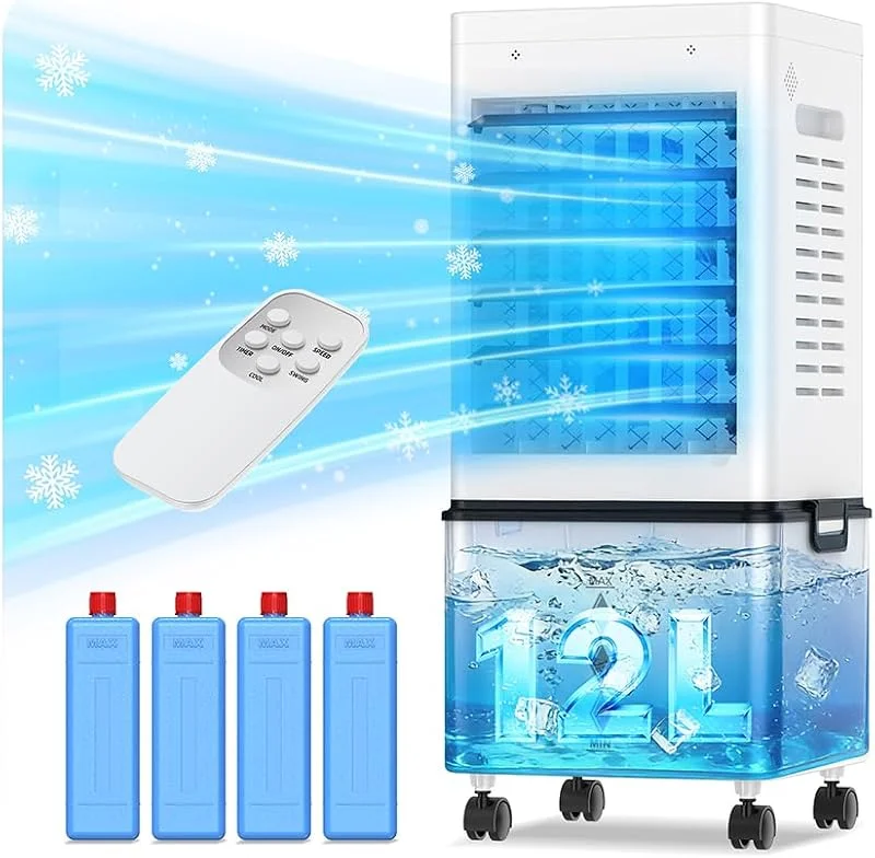Condizionatore Portatile 12L Serbatoio Estraibile, Raffreddatore d’Aria senza Tubo 45W, 3 Modalità 6 Velocità, 4 in 1 Climatizzatore Evaporativo Silenzioso Timer 1-12 H, Telecomando per Casa e Ufficio — Umidificatore