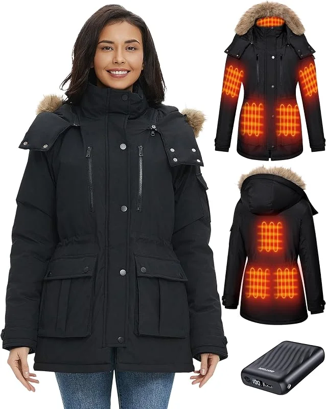 Giacca Riscaldata Donna Con Batteria 12v 18400mah, 8 zone di riscaldamento, Parka lungo da donna caldo e impermeabile con cappuccio in pelliccia sintetica rimovibile — Abbigliamento riscaldato