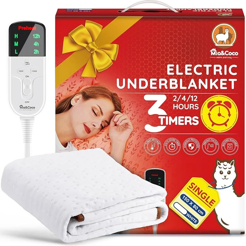 Mia&Coco Coperta termica con spegnimento automatico, 150 x 80 cm, con timer 12 ore e 3 livelli di calore, indicatore LED, protezione da surriscaldamento, coperta termica per materassi frequenti