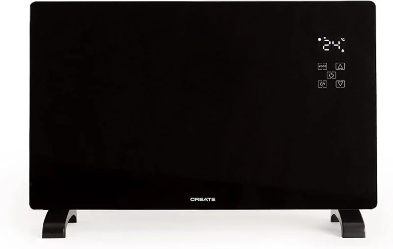 CREATE, Warm Crystal 2500W, Termoconvettore Elettrico in Vetro con WiFi Nero, Connettività WiFi e App, Potenza Regolabile, Installazione a Pavimento o a Parete, Touchscreen a LED, Basso consumo — Riscaldamento
