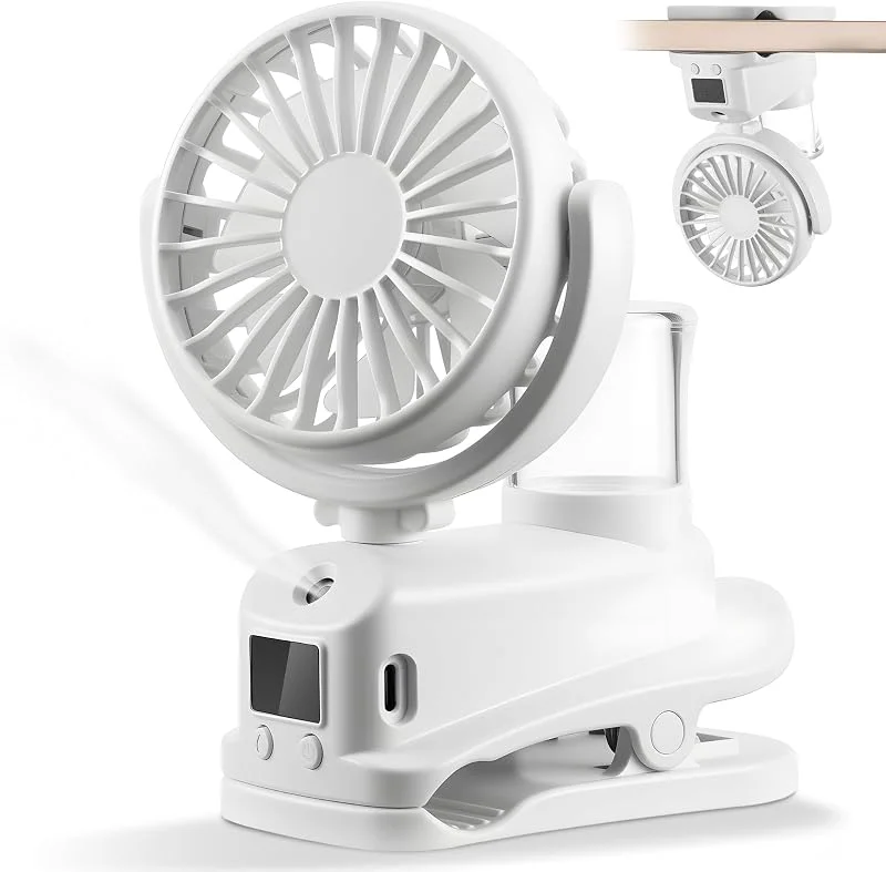 Starvortex Ventilatore a Clip con Display LED, Ventilatore USB Ricaricabile, Silenzioso e Potente, 4 Velocità, con Spruzzino d'Acqua, Portatile per Camera, Passeggino, Campeggio, Viaggi (Bianco) — Umidificatore