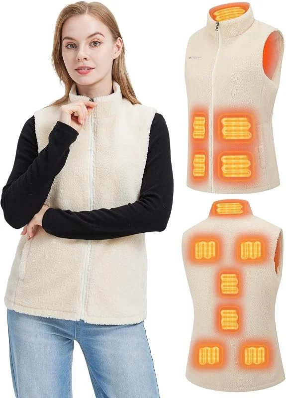 Gokozy Gilet riscaldato da donna con batteria da 7, 4 V, 11 zone di riscaldamento, in pile Sherpa, riscaldato, scaldacorpo in pelliccia sintetica bianca, 3 impostazioni di calore per pendolari — Abbigliamento riscaldato