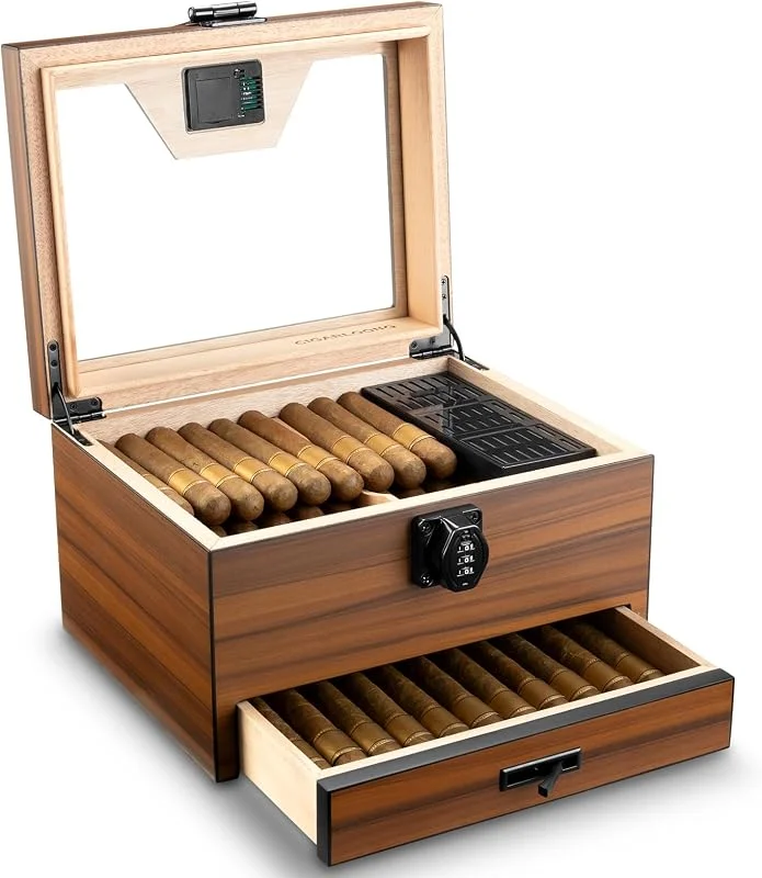 Umidificatore per sigari con igrometro, umidificatore, scatola per sigari da scrivania, in legno di cedro, con divisorio, cassetto degli accessori e serratura a combinazione