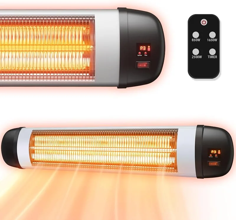 Stufa a infrarossi per terrazze, 2500 W, faretto a infrarossi per esterni, con telecomando, a parete, 3 livelli di riscaldamento, per terrazze, esterni, per bagno, balcone, giardino