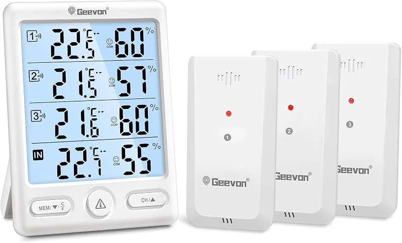 Geevon Termometro per interni ed esterni, wireless, display da 5 pollici, igrometro digitale, termometro per temperatura e umidità, con 3 sensori remoti e retroilluminazione, alimentato a batteria — Umidificatore