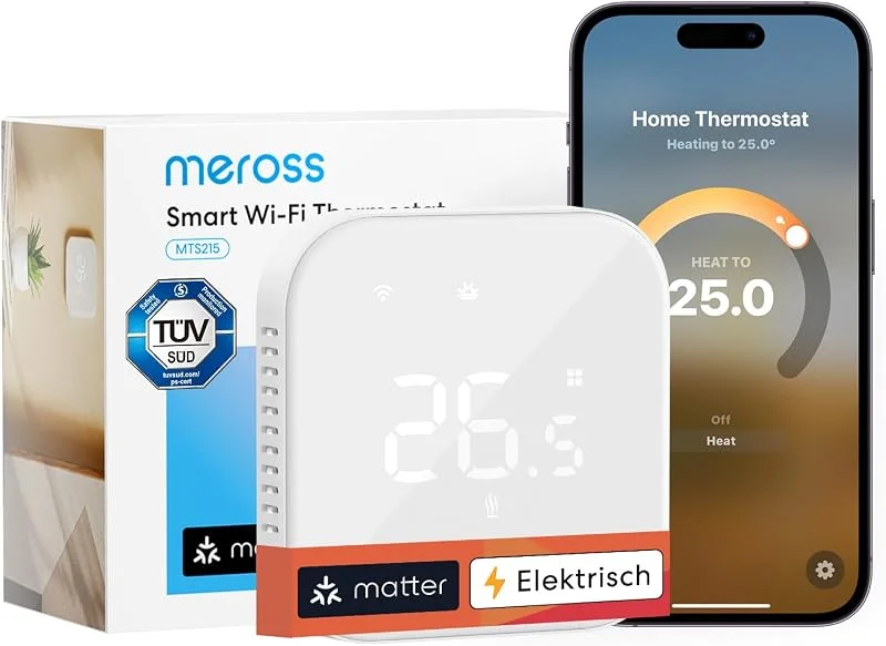 Meross Matter Termostato Wifi, Termostato Ambiente per Riscaldamento a Pavimento WiFi, Riscaldamento e Raffreddamento Compatibile con HomeKit, Home Assistant, Alexa e Google, Controllo Vocale e Remoto