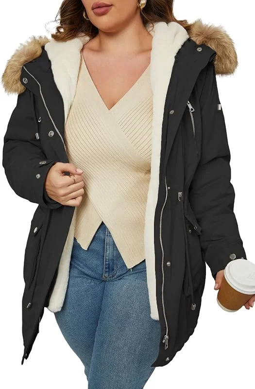 Geschallino Donna Taglie Forti 3 in 1 Parka Cappotto Zip Staccabile Caldo Pile Foderato Giacca con Rimuovi Interno — Abbigliamento riscaldato