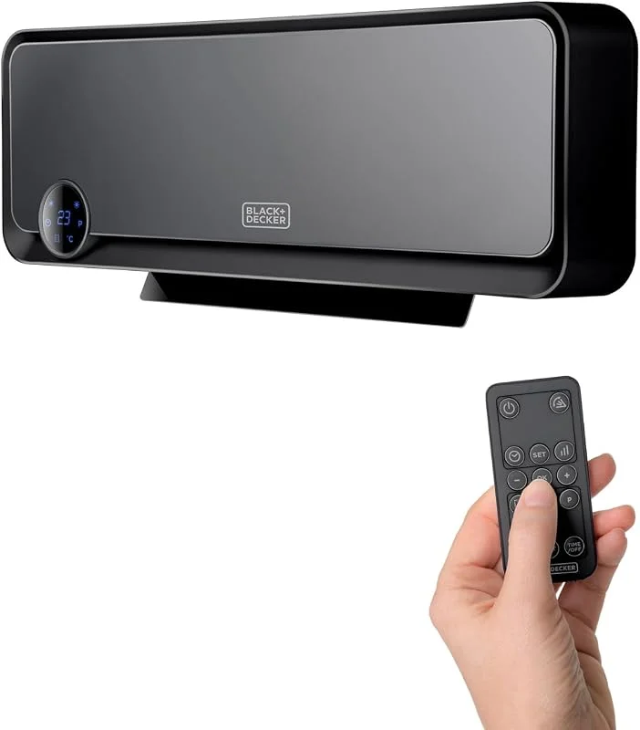 BLACK + DECKER BXWSH2000E - Termoventilatore ceramico da parete, adatto per bagni, con termostato elettronico, programmatore, timer e telecomando. Display LED, sistema PTC e oscillazione automatica — Riscaldamento
