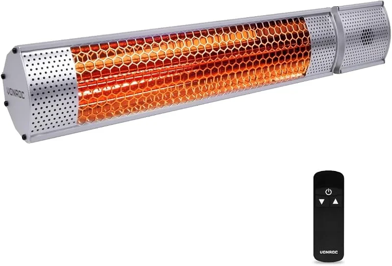 VONROC Stufa riscaldante a infrarossi 2000W da esterno. 2 livelli di calore. Per parete e soffitto. Con elemento anabbagliante. Incl. Telecomando. Argento — Riscaldamento