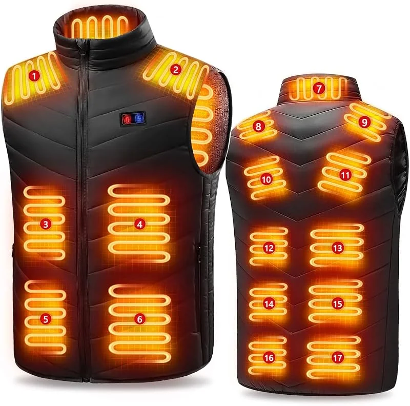Gilet riscaldato elettrico per uomo e donna, gilet riscaldato con 17 zone di riscaldamento, 3 livelli di riscaldamento, lavabile in lavatrice, riscaldato, per attività all'aperto — Abbigliamento riscaldato