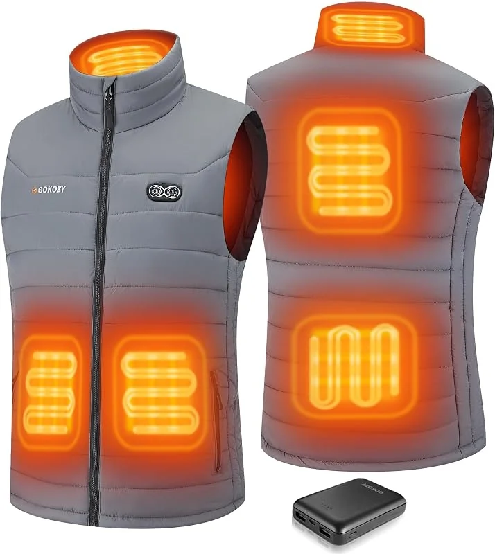 Gokozy GIlet riscaldato da uomo con batteria da 10000 mAh, gilet riscaldato leggero e gilet impermeabile per caccia, escursionismo, grigio — Abbigliamento riscaldato