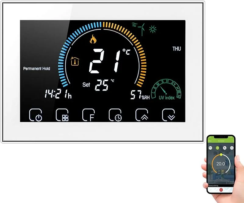 Decdeal Termostato WiFi per Caldaia a Gas - Controllo App Vocale, LCD Retroilluminato Visualizzazione dell'umidità e UV, Termostato Programmabile Compatibile con Alexa Google Home — Riscaldamento
