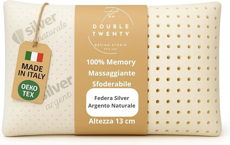 Double Twenty Cuscino Cervicale Memory Altezza 13 cm 70x40 cm - Federa Silver Argento Naturale Antibatterica - Ergonomico Massaggiante Sfoderabile Antiacaro - Made in Italy — Riscaldamento