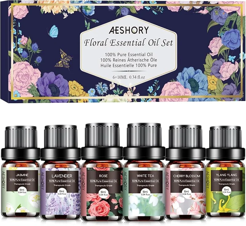 AESHORY Floreali Oli Essenziali per Diffusori 6 x 10ML, Set di Olio Essenziale di Aromaterapia Naturale al 100% per Massaggio, SPA - Lavanda, Rosa, Tè Bianco, Fiori di Ciliegio, Gelsomino, Ylang — Umidificatore