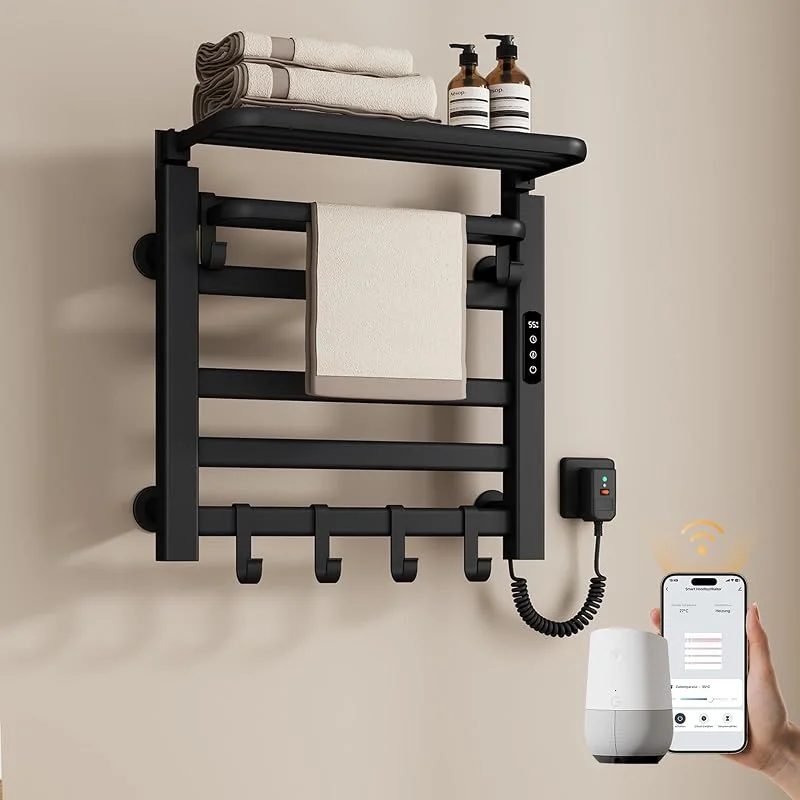 EMKE Scaldasalviette elettrico da bagno, 500 x 500 mm, intelligente a temperatura costante, scaldasalviette elettrico con ripiano, colore nero, 140 W — Riscaldamento