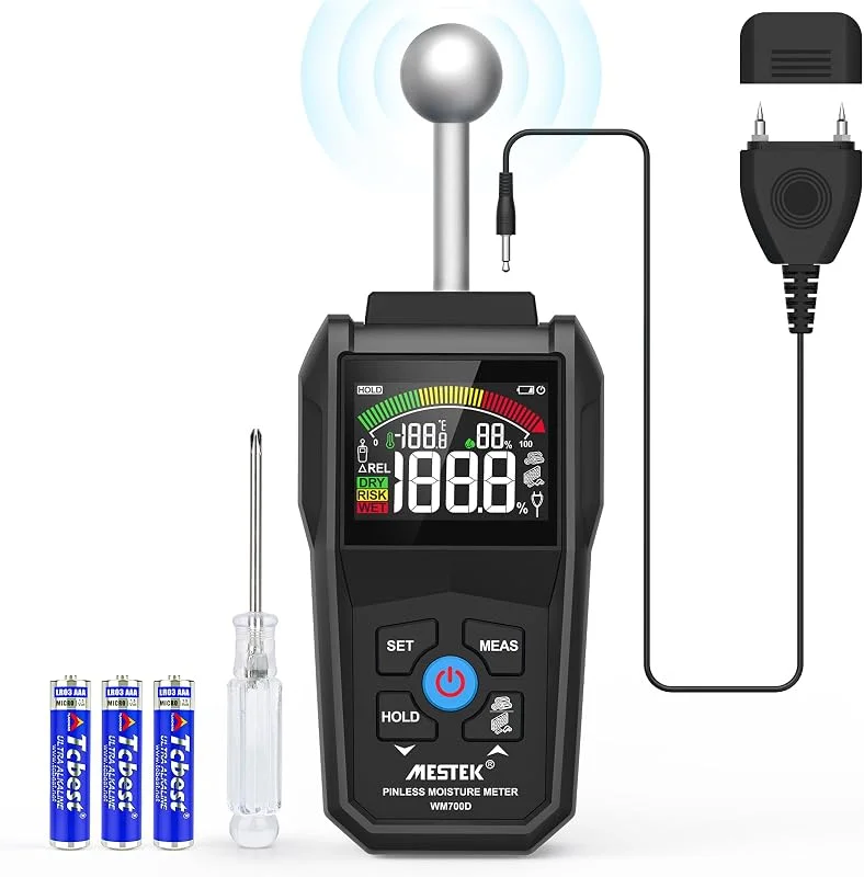 Misuratore di Umidità, MESTEK Igrometro, 2 in 1 Misuratore Umidità Muri con LCD a Colori e Allarme Acustico, Profondità di Analisi 20-40 mm, per Legni, Parete, Pavimenti, Legno, Gesso — Umidificatore